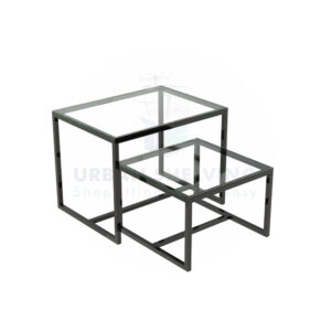 Nesting table with glass top and metal material