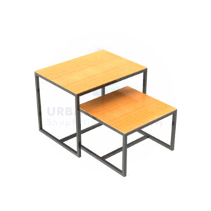Nesting table with wooden top and metal material